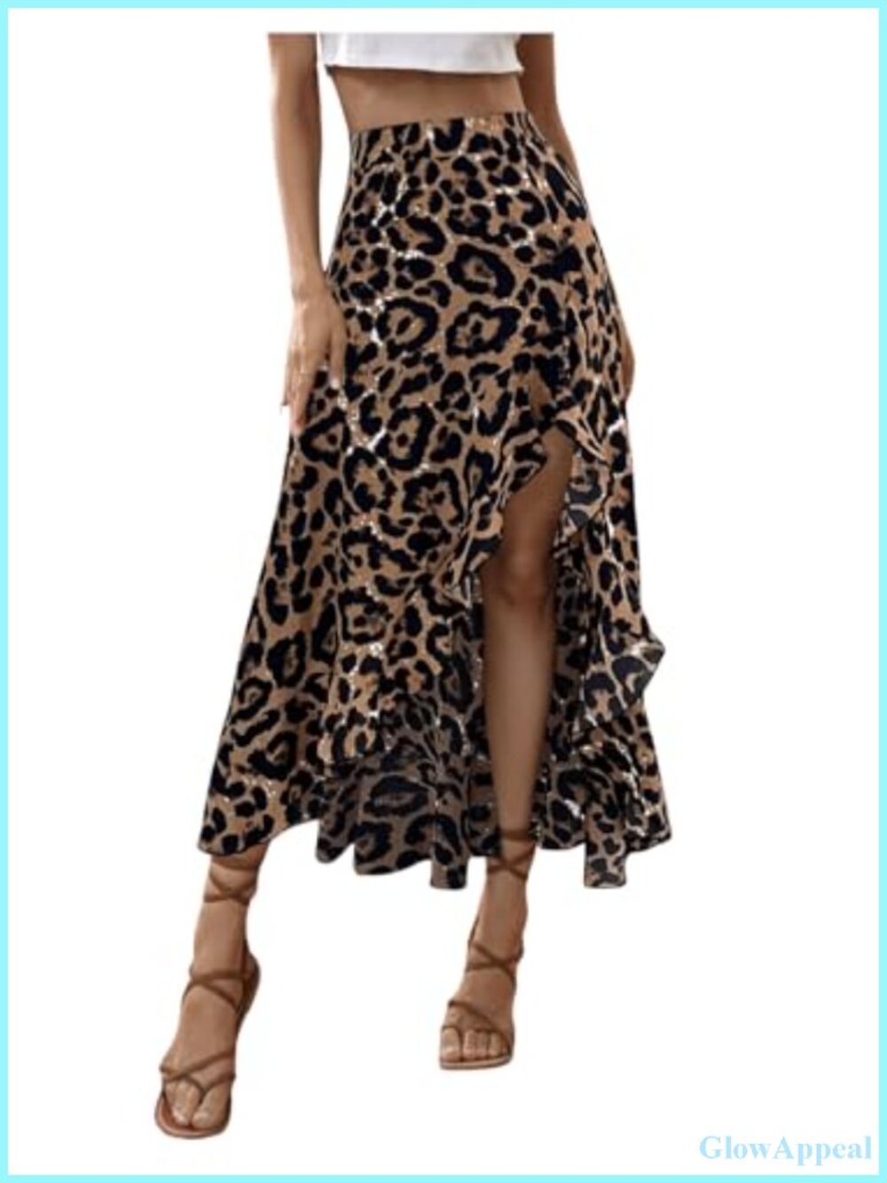 Womens Ruffle High Low Midi Skirt Leopard Print Slit High Waisted Flowy